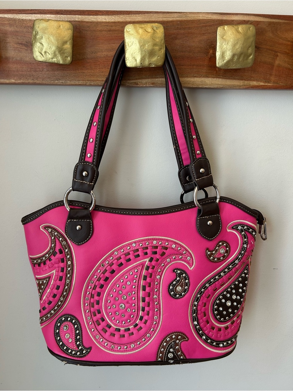 Montana West Pink Paisley Studded Western Shoulder Tote Purse Bag